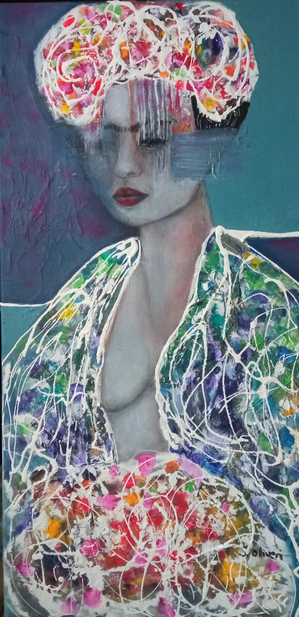 Expressive Portrait Acrylic Painting By Sylvie Oliveri, 16 X 31", Ici?ne: Frida Kahlo., Original Artwork