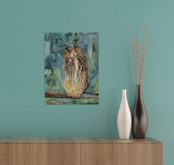 Owl watercolor painting, bird original artwork, nursery wall art