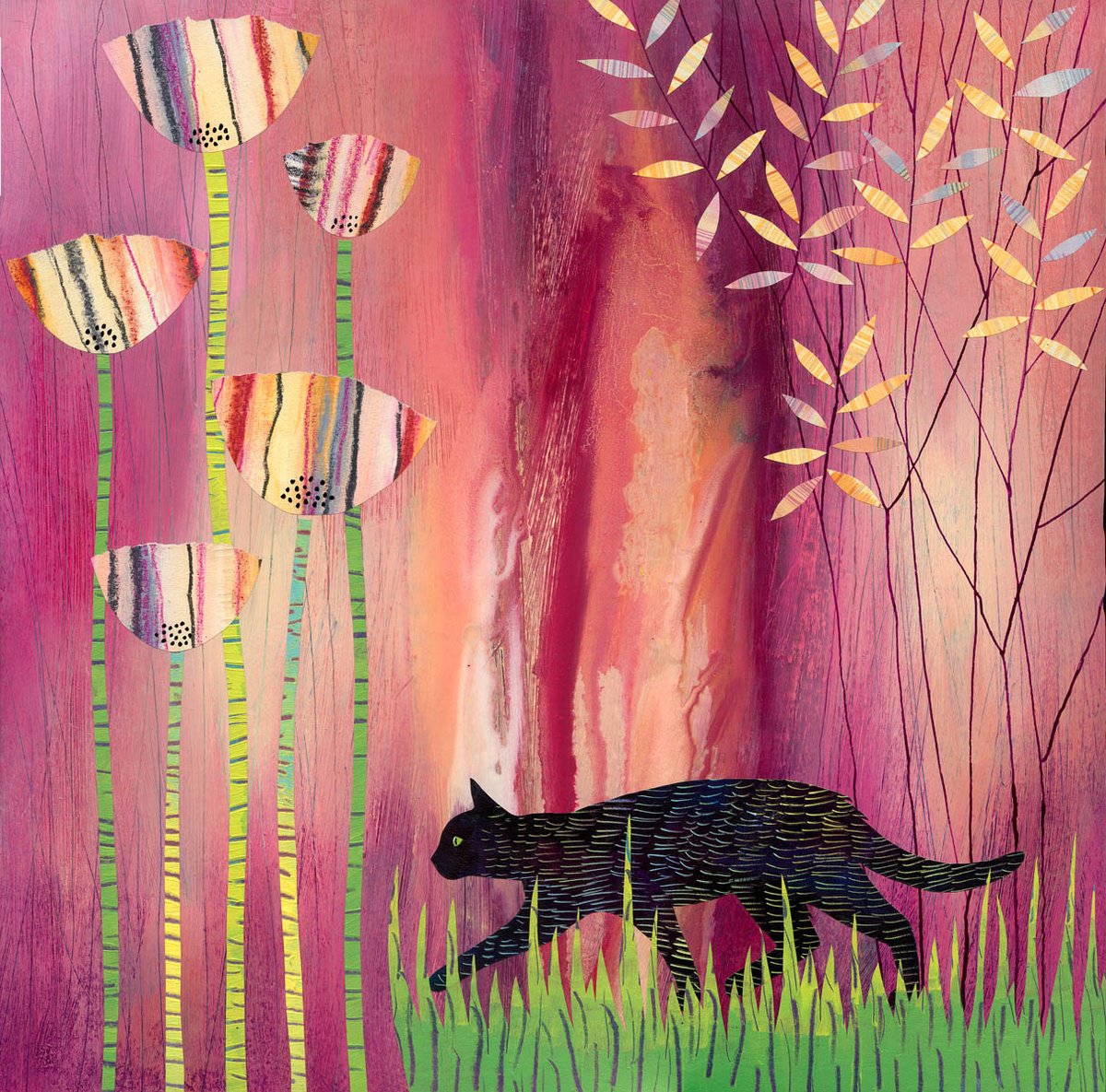 Illustrative Animal Painting By Rebecca Vincent, 14 X 14", Black Cat On Pink, Original Artwork