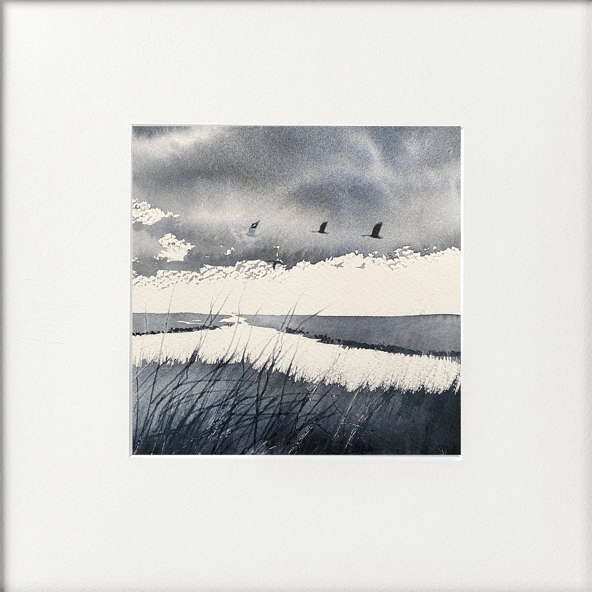 Monochrome - Three Geese passing over marshes by Teresa Tanner