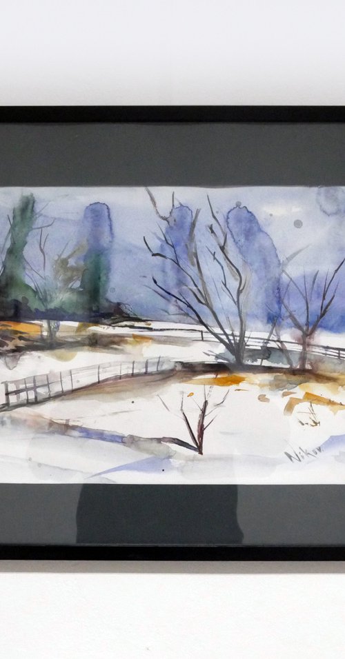 Snow plain - Watercolor framed Painting by Georgi Nikov by Georgi Nikov