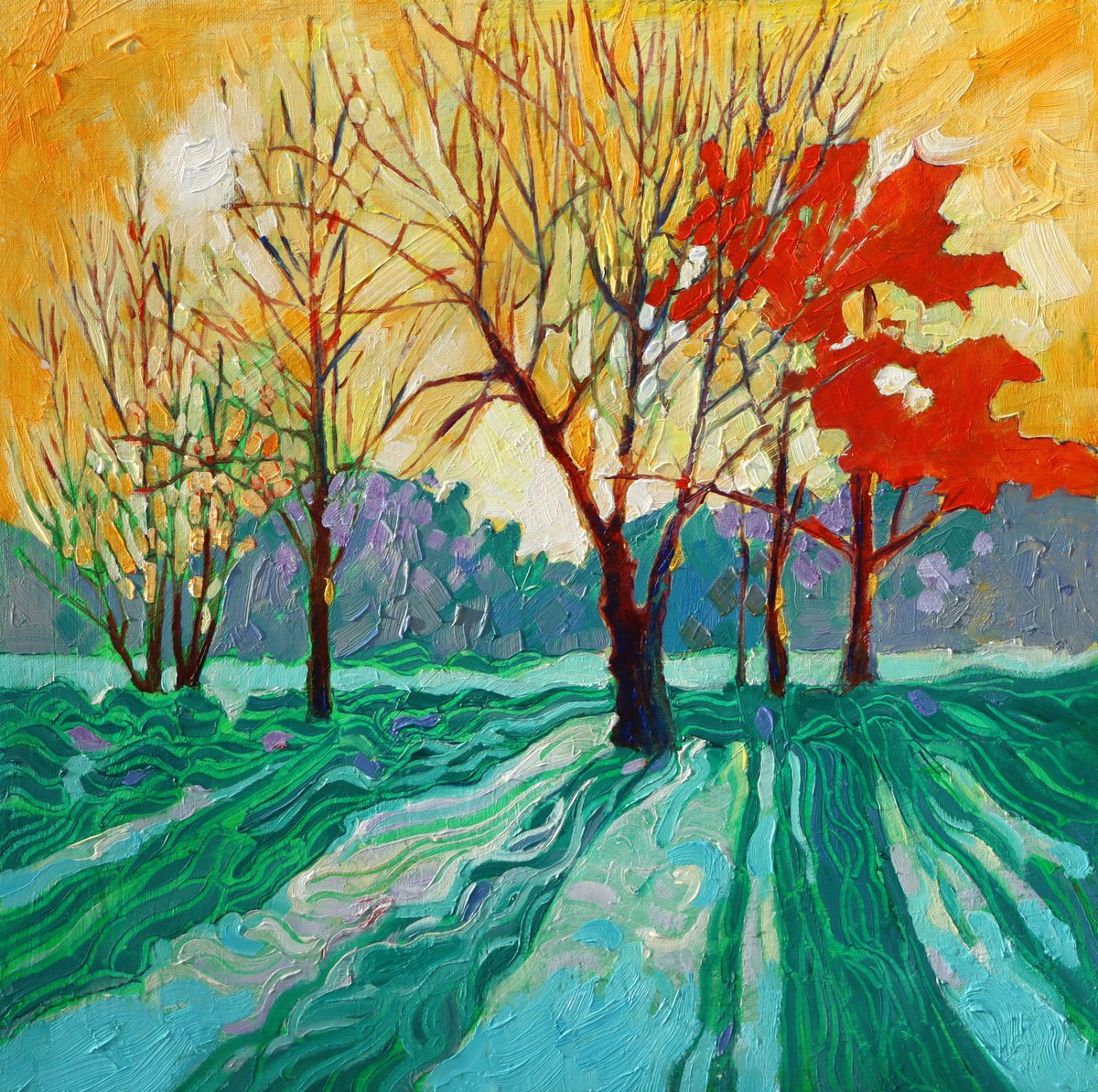Impressionistic Landscape Oil Painting By Mary Kemp, 13 X 13", Morning Frost, Original Artwork