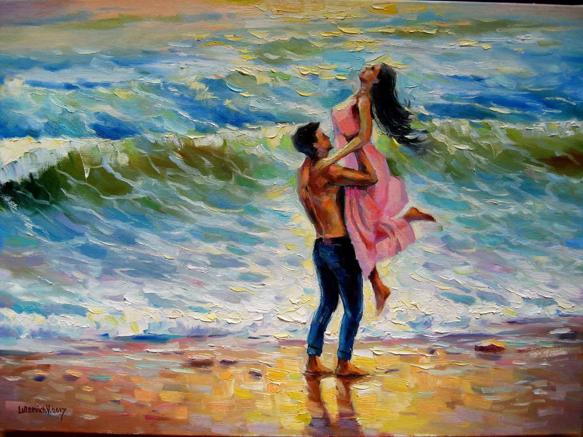 Impressionistic Landscape Oil Painting By Vladimir Lutsevich, 22 X 16", On The Seafront, Original Artwork
