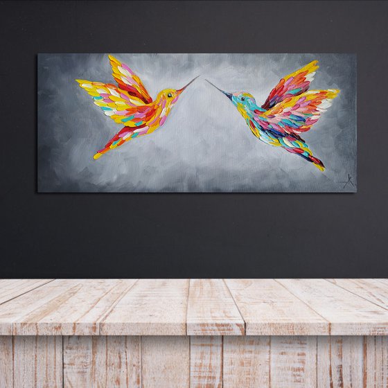 Towards each other - birds, love oil painting, birds oil painting, hummingbirds, love, animals oil painting, art bird, impressionism, palette knife, gift.