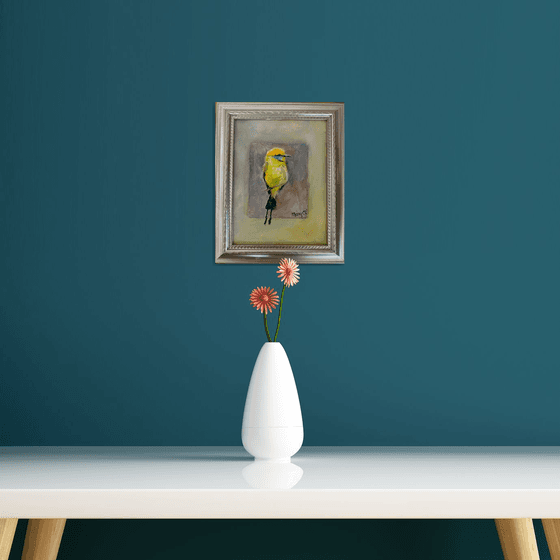 Yellow/green hummingbird oil painting  mounted on gessoed panelboard 5x7
