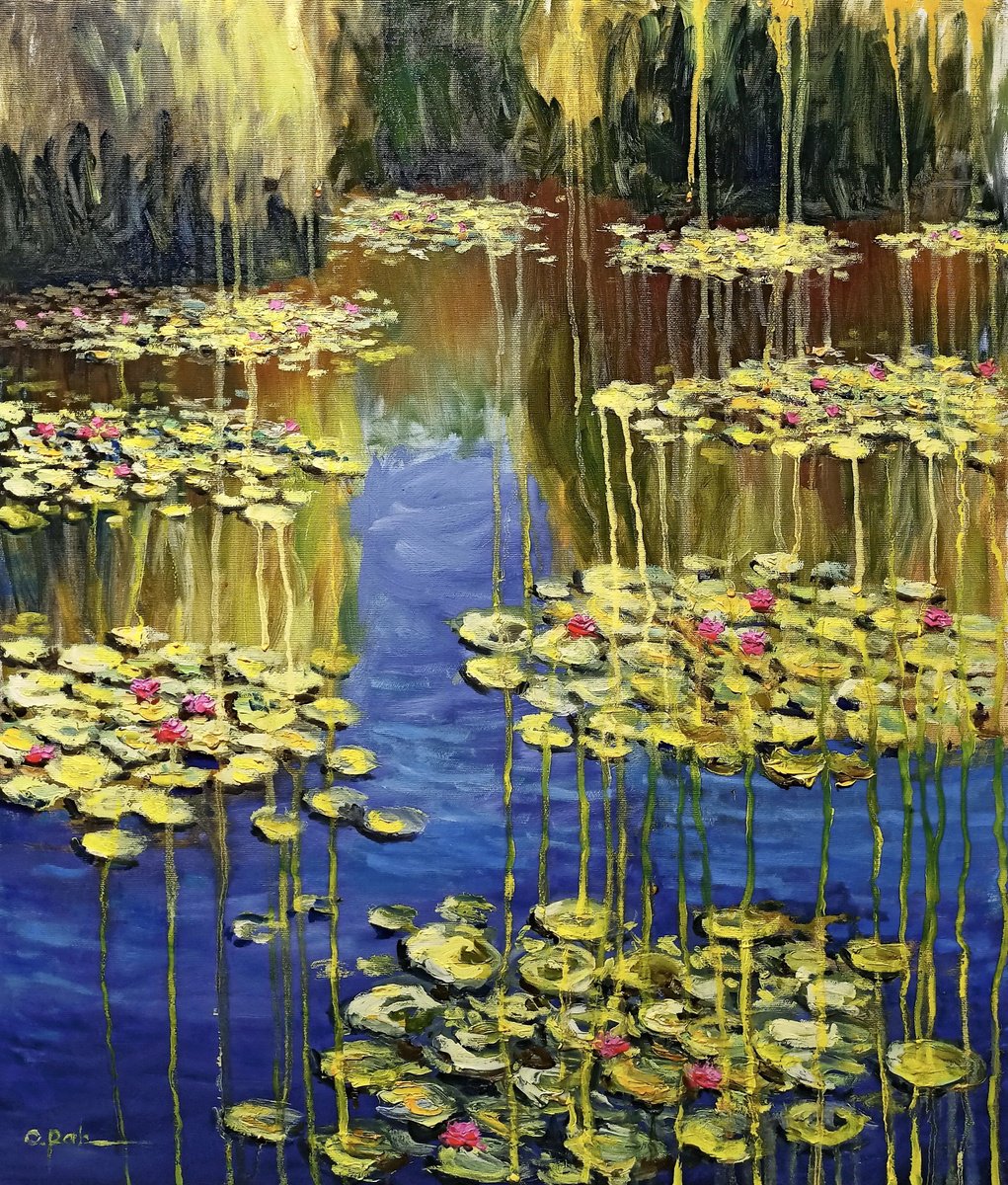 Impressionistic Landscape Oil Painting By Oleh Rak, 24 X 28", Impression. Water Lilies 6, Original Artwork