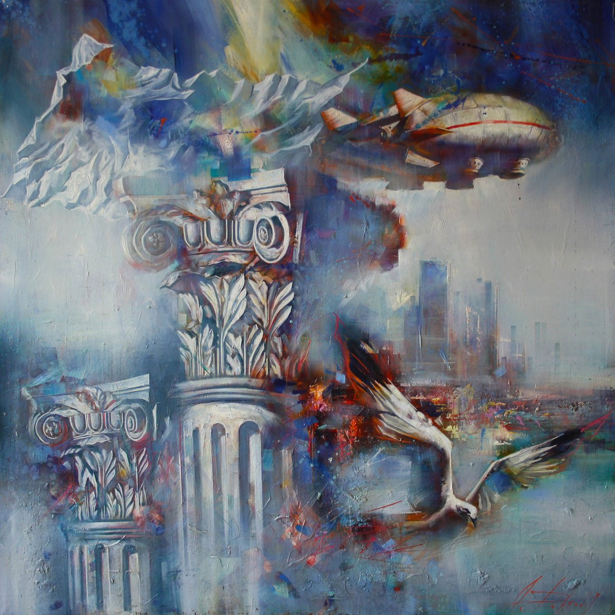 Impressionistic Cityscapes Oil Painting By Alexandr Dobrodiy, 39 X 39, Flight 1, Original Artwork