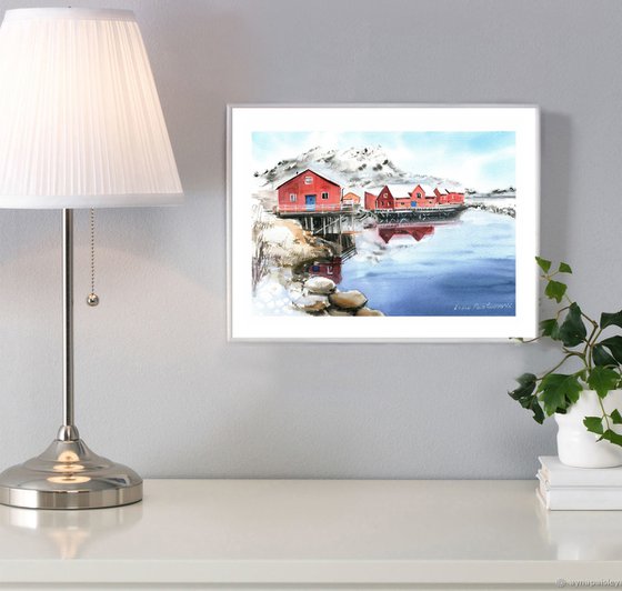 Scandinavian  painting with red houses, ocean painting , gift idea, , original watercolor artwork