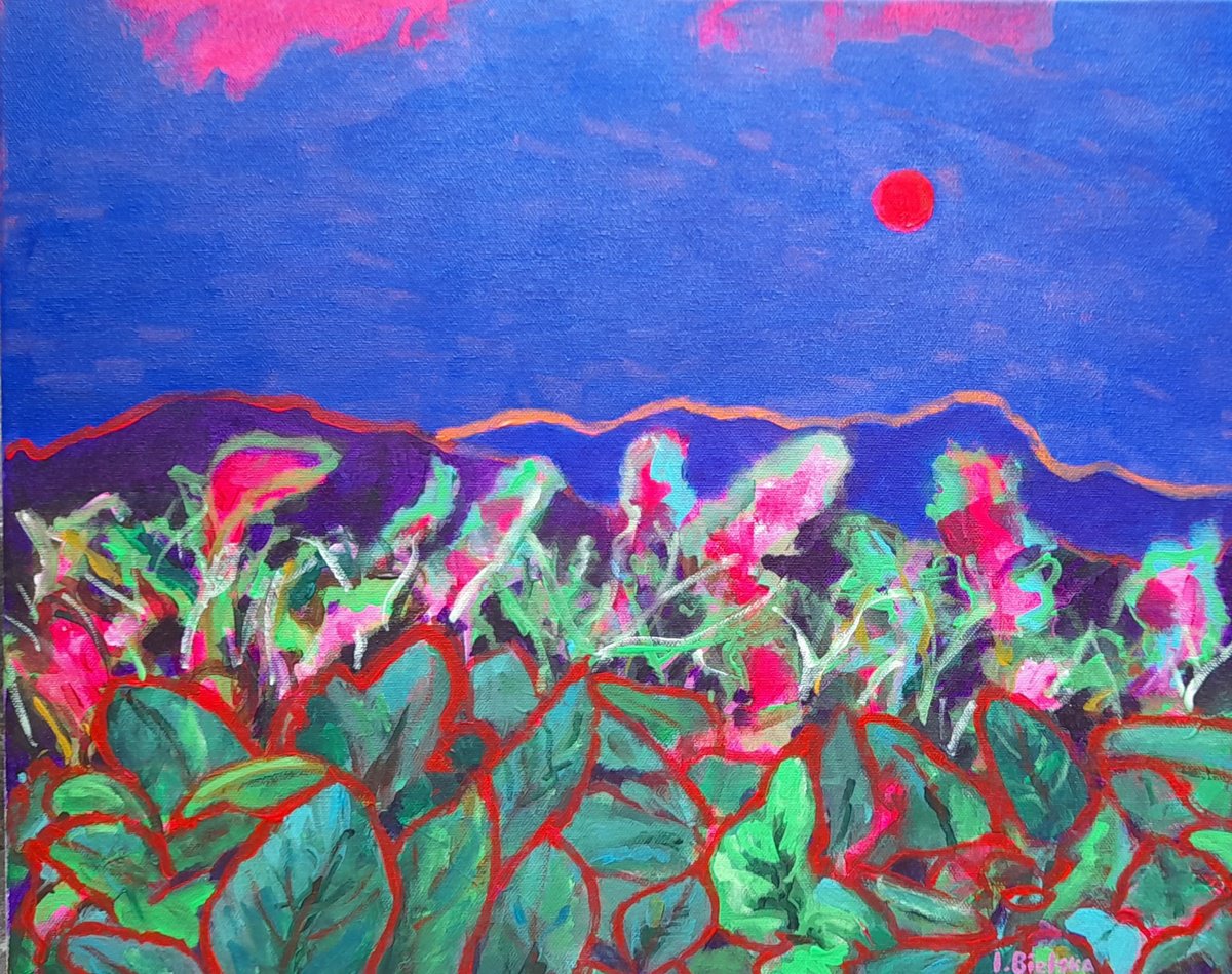 Expressive Landscape Acrylic Painting By One Air Art Studio, 20 X 16", Full Moon, Original Artwork