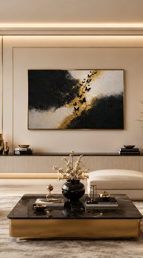 Abstract Gold with 3D Black Butterflies by Indie Ru