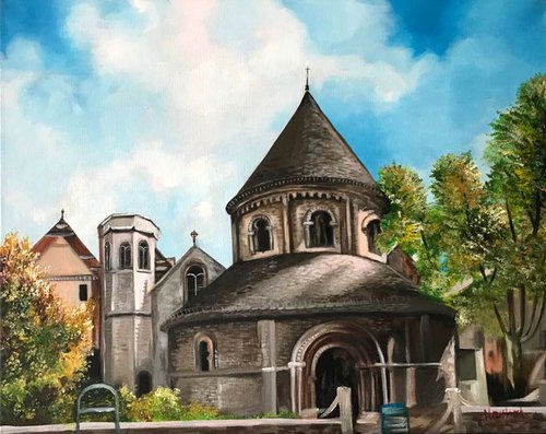 Original Acrylic painting on stretched Canvas. Scenery, Landscape, Round Church, Cambridge, British Art by Naushad Arts