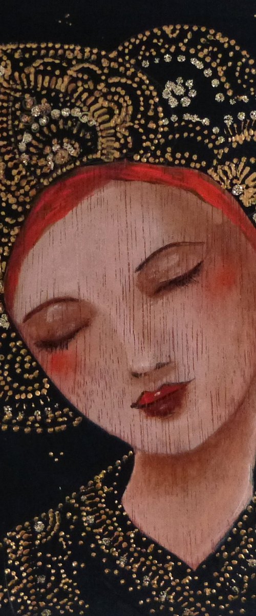 Michka Female redhead icon on wooden panel 20 x 20 cm. by Loetitia Pillault