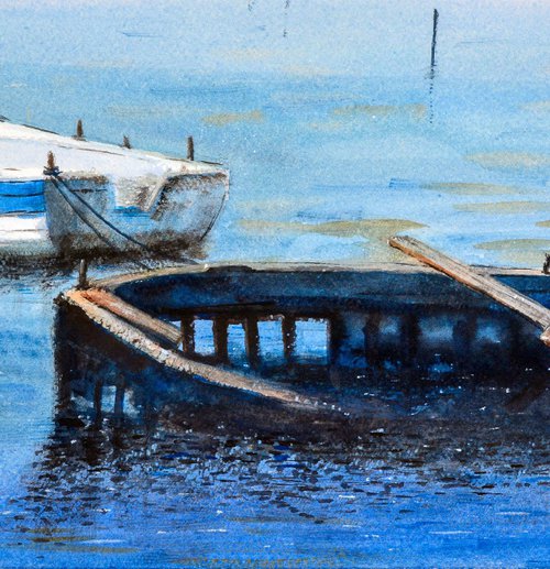 Boats of Corfu island Kerkyra Greece 23x54cm 2022 by Nenad Kojić watercolorist