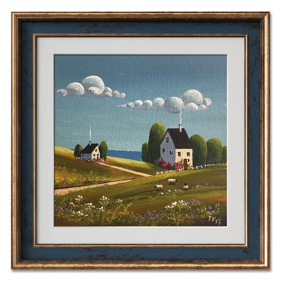 Rural landscape. Acrylic Painting. Original art. Naive painting 8x8