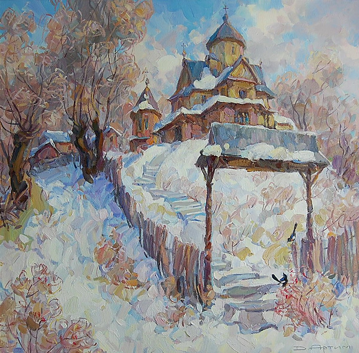 Impressionistic Landscape Oil Painting By Dmitry And Olga Artym, 24 X 24, Vorokhta Church Of The 16Th Century, Original Artwork