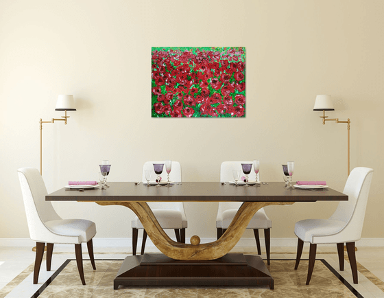 FIELD OF RED ROSES, MEADOW OF FLOWERS, large size painting   modern red pink office home decor gift