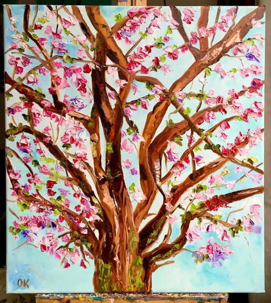 Apple blossom, tree near Bethnal Green, spring in London white, pink, turquoise ready to hang oil painting