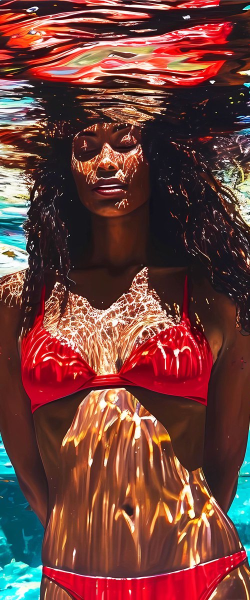 Beautiful black african american woman in red bikini under water in the swimming pool, sea, ocean with blue turquoise color waves with bright sun glares. Female portrait artwork, sexy body figure woman. Positive relax holiday colorful wall art home decor by BAST