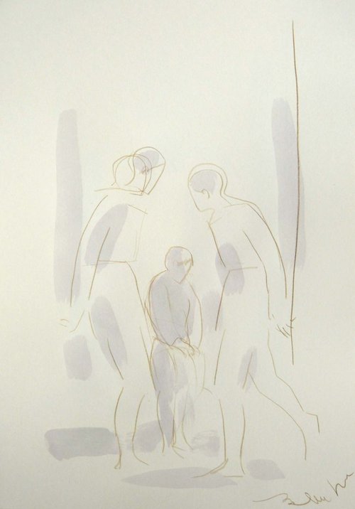 City drawing - PARENTS AND CHILD, ink and pencil on paper 29x42 cm by Frederic Belaubre