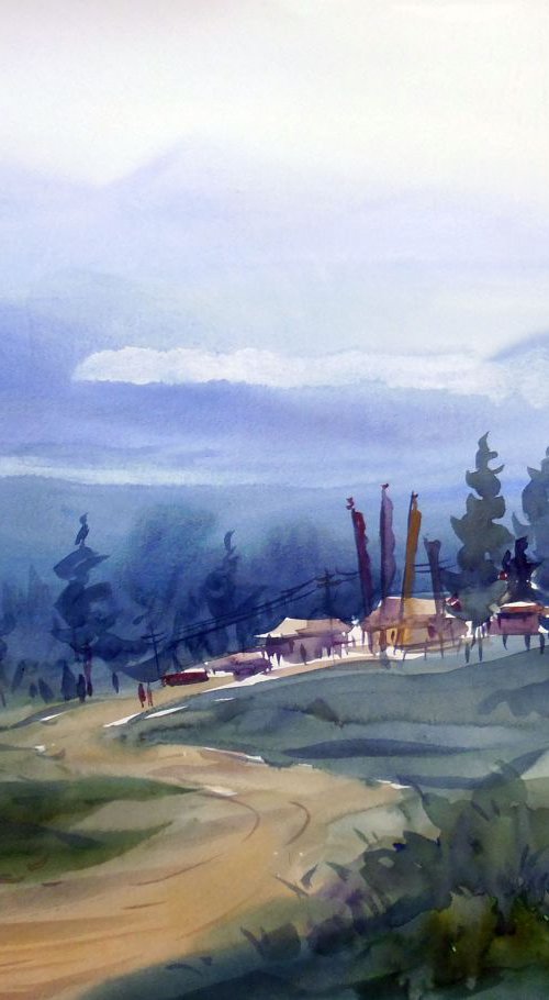 Mountain Village - Watercolor Painting by Samiran Sarkar