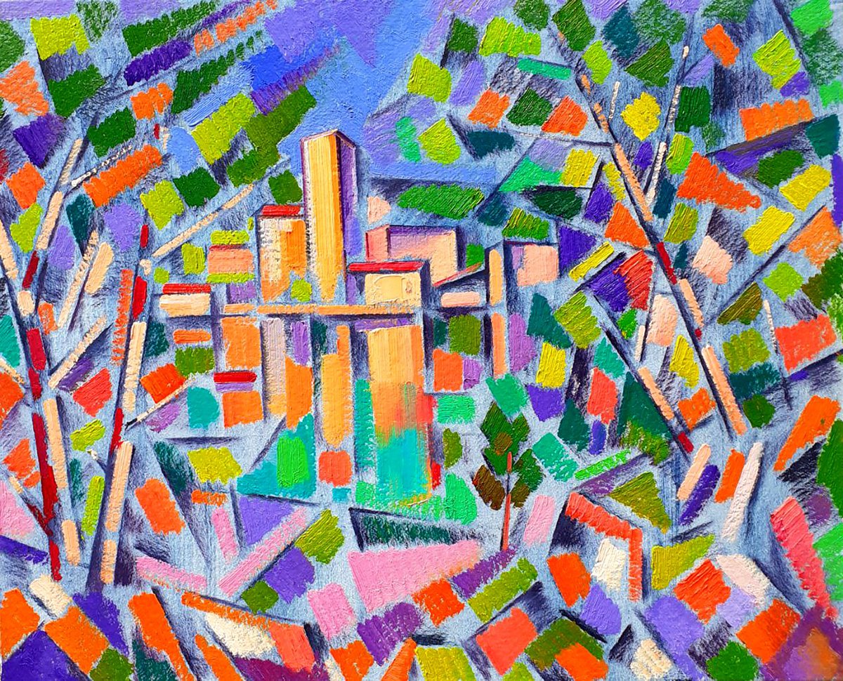 Impressionistic Abstract Oil Painting By Peter Tovpev, 36 X 30", City Behind The Trees, Original Artwork