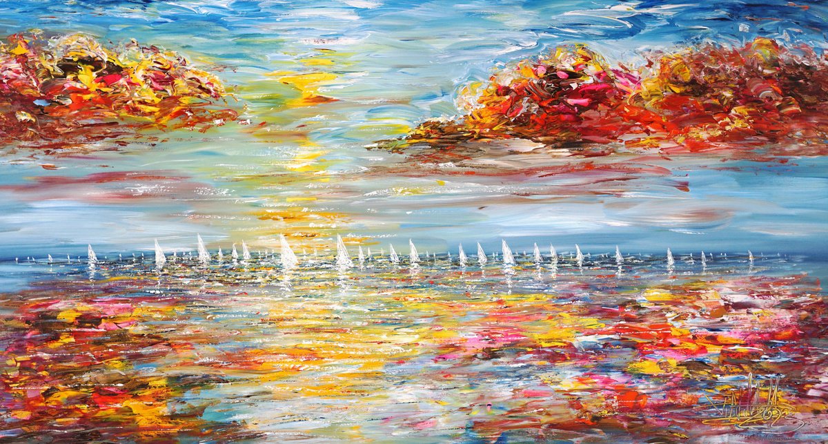 Abstract Acrylic Painting By Peter Nottrott, 61 X 33", Seascape Sailing Impressions L 7, Original Artwork