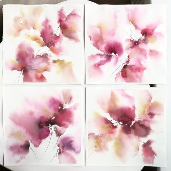 Abstract watercolor floral art, loose flowers Spring