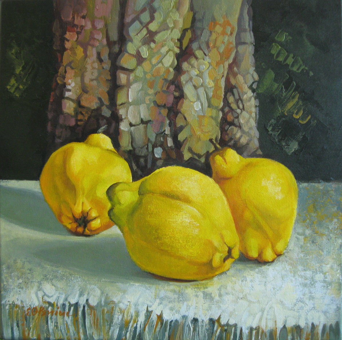 Expressive Still Life Acrylic Painting By Elena Oleniuc, 13 X 13, Still Life With Quinces, Original Artwork