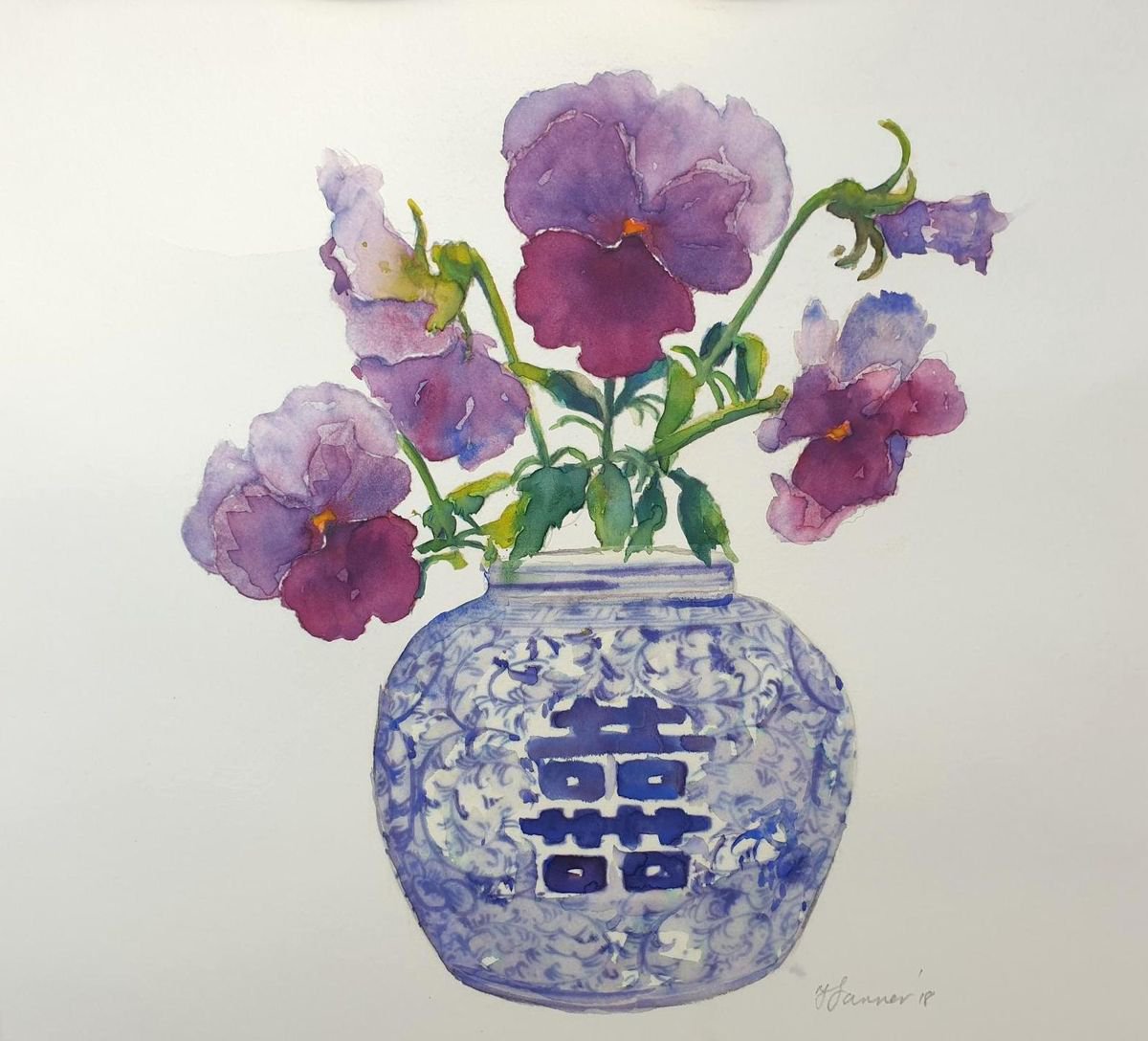 Oriental vase of pansies by Teresa Tanner