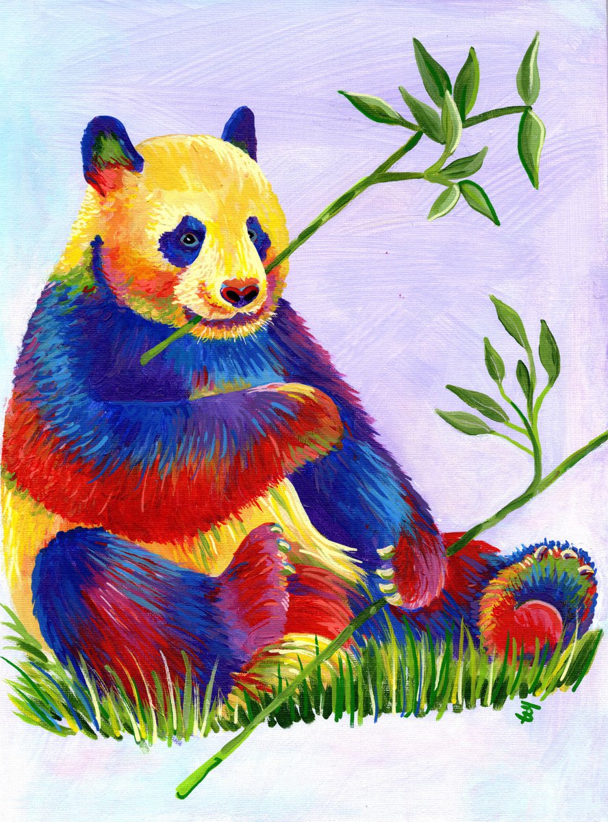 Impressionistic Animal Acrylic Painting By Tiffany Budd, 15 X 19", Peter The Rainbow Panda, Original Artwork