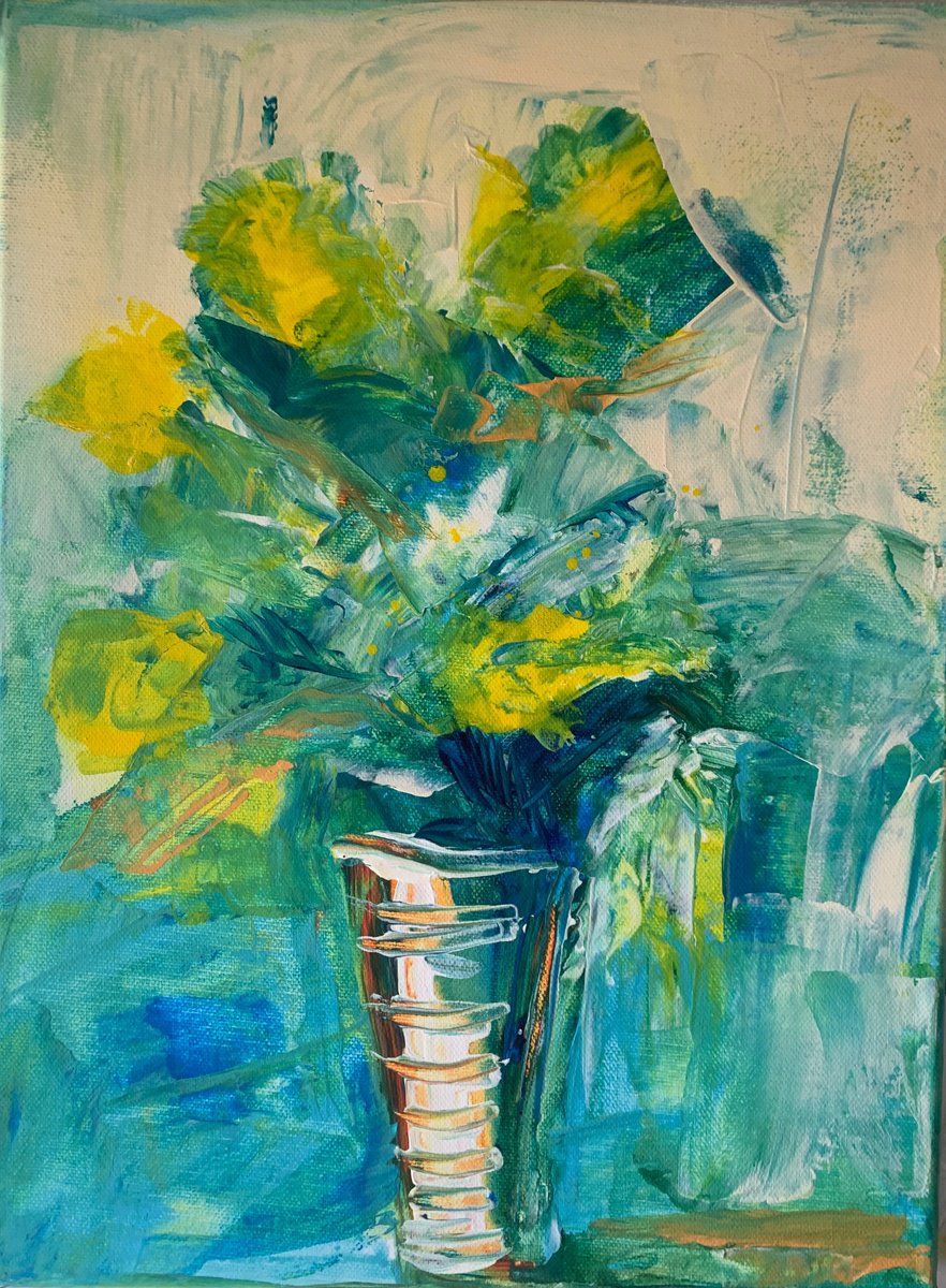 Impressionistic Botanical Acrylic Painting By Olga Pascari, 12 X 16", Yellow Still Life, Original Artwork