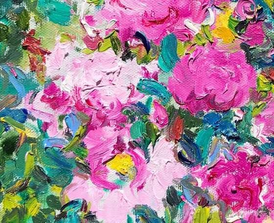 PEONIES - floral art, nature, panel with peony, original painting plants trees landscape green pink summer, impressionism art, interior home decor 85x100