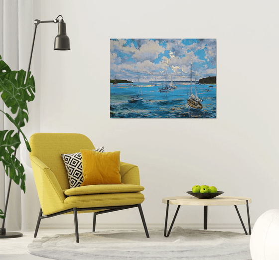 Morning on the bay (mixed-media, acrylic and gold leaf) (36x48x1.5")