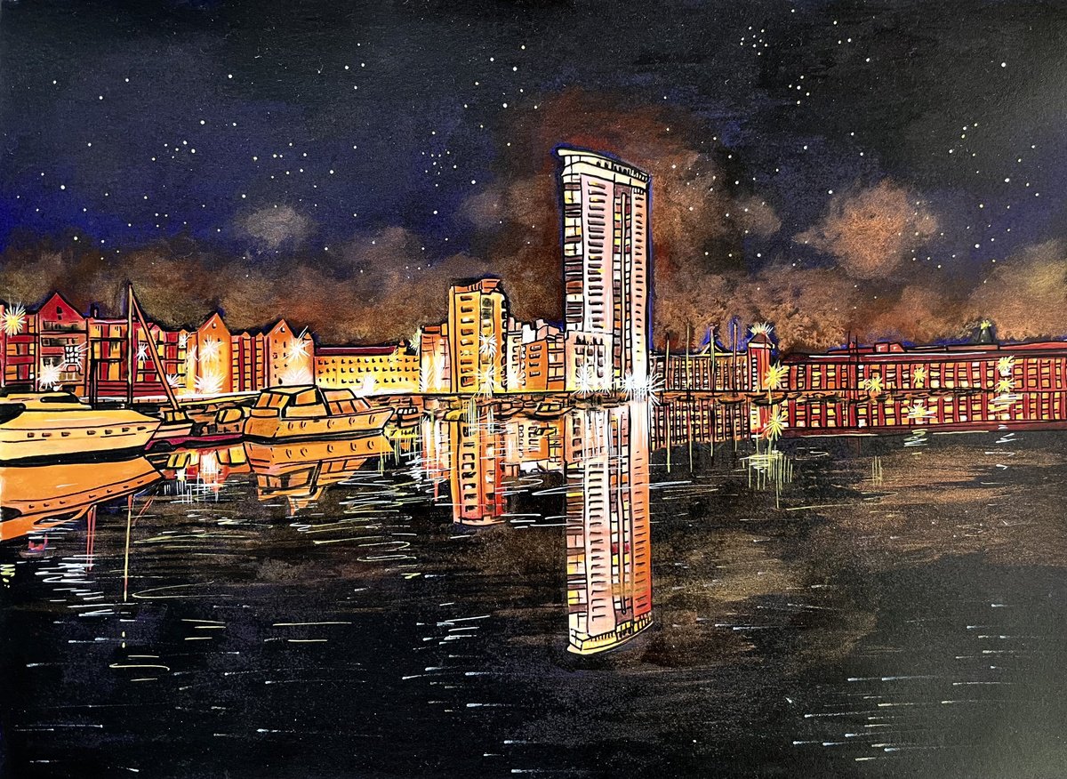 Illustrative Painting , The Marina At Night By Karen Elaine Evans, 17 X 12, Artwork For Sale On Artfinder