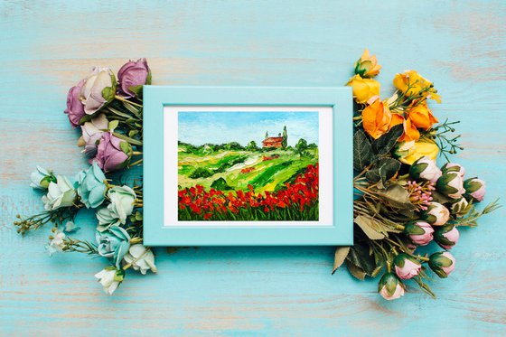 Tuscany Painting Poppy Original Art Landscape Oil Painting Impasto Small Artwork Meadow Wall Art