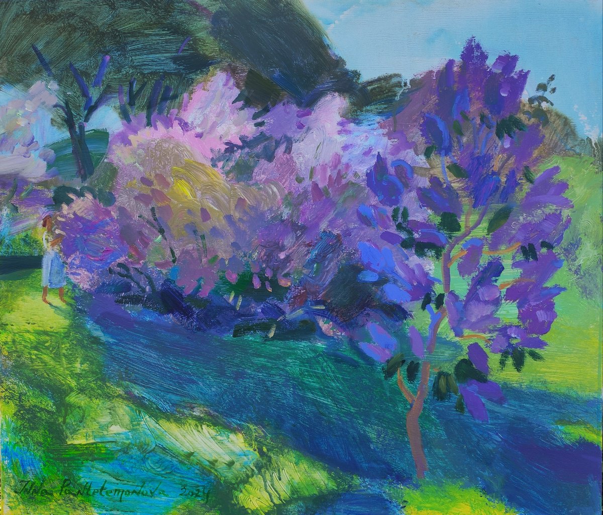 Impressionistic Landscape Acrylic Painting By Inna Pantelemonova, 29 X 25, Lilac Garden, Original Artwork