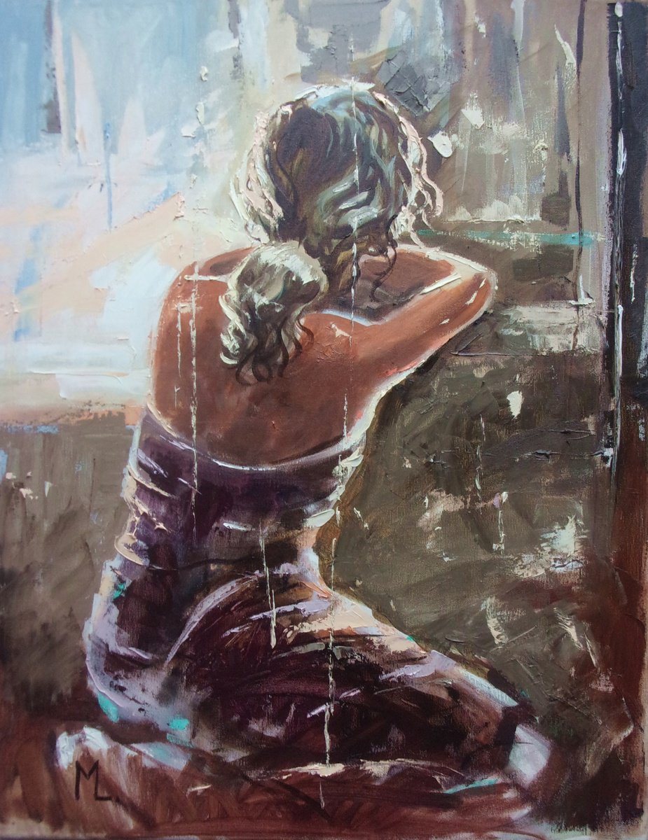 Expressive Portrait Oil Painting By Monika Luniak, 22 X 28", " Spring Plans ", Original Artwork