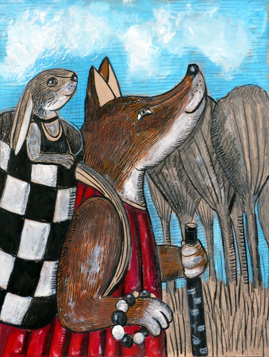 Surrealistic Animal Painting By Elizabeth Vlasova, 11 X 14, A Walking In The Forest, Original Artwork