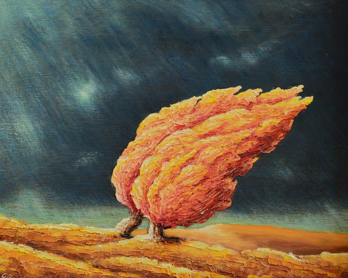 Surrealistic Landscape Painting By Giuliano Monechi, 14 X 12, Tempesta Con Alberi, Original Artwork