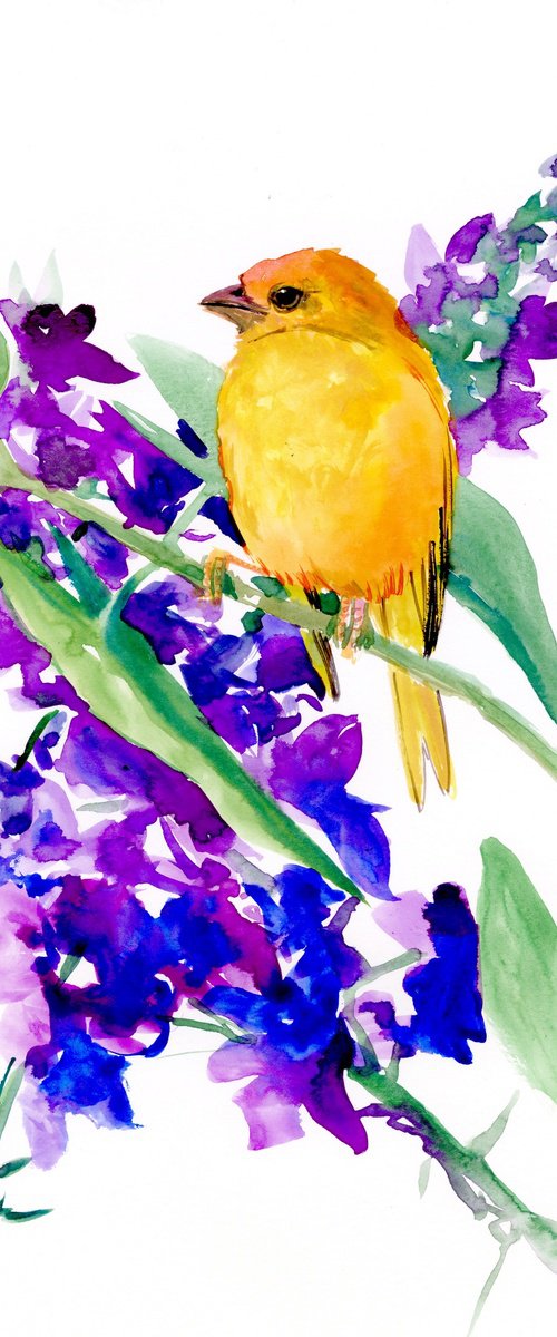 Saffron Finch and Purple Blue Flowers by Suren Nersisyan