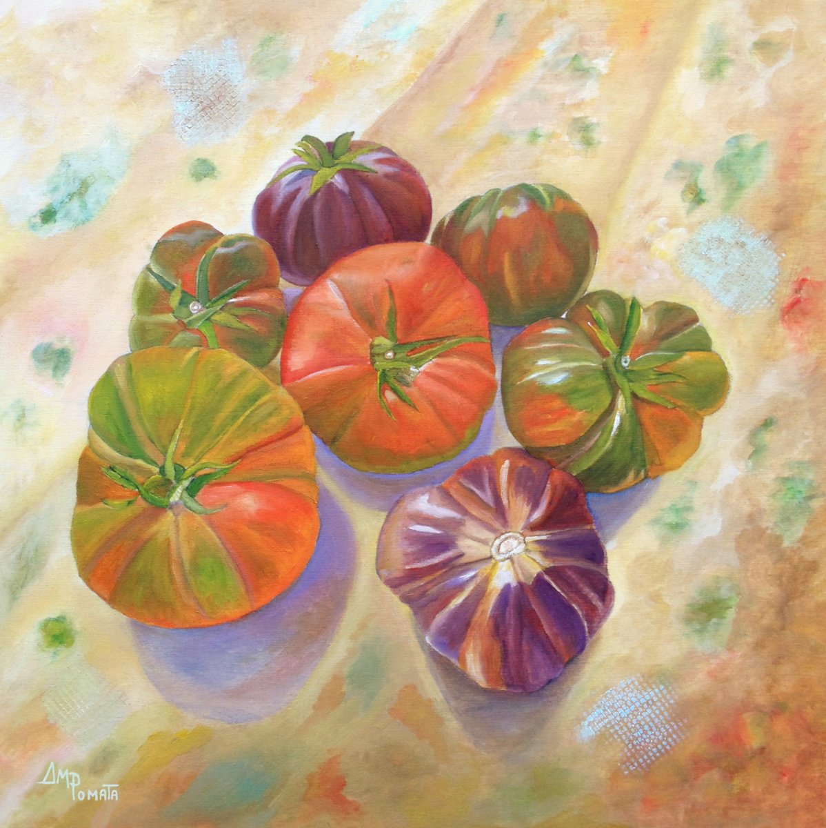 Impressionistic Landscape Oil Painting By Angeles M. Pomata, 20 X 20, Orchard Tomatoes, Original Artwork