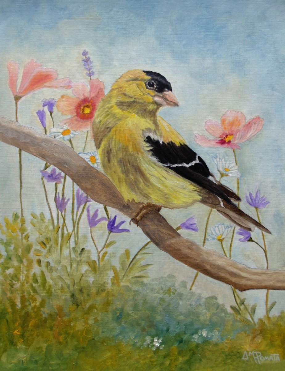 Impressionistic Animal Oil Painting By Angeles M. Pomata, 10 X 13, Early American Goldfinch, Original Artwork