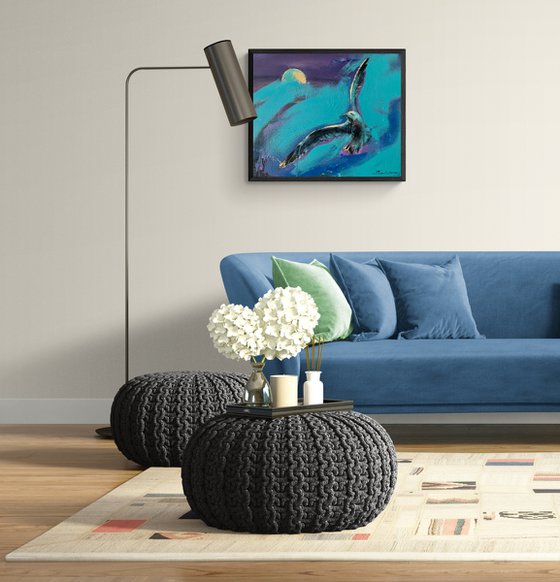 Bright painting - "Seagull on blue sunset" - 2022