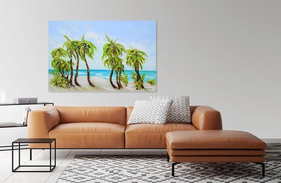 Large Abstract Seascape Painting. Palm trees. Beach, ocean, waves, sky with clouds, sailboats, sailing, yacht.