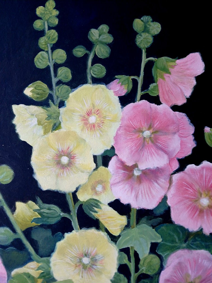 Expressive Botanical Oil Painting By Sophie Colmer-Stocker, 16 X 20", Hollyhocks, Original Artwork