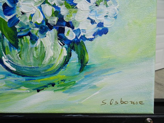 Blue White Hydrangeas Abstract Flowers Small Painting on Canvas. Impressionistic Stile Floral Abstract Art. Modern Impressionism