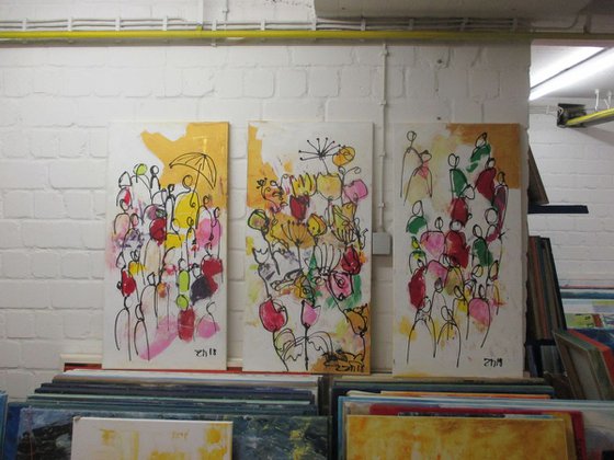 3 part spring abstract flowers and people acrylpainting 39,7 x 59,0 inch