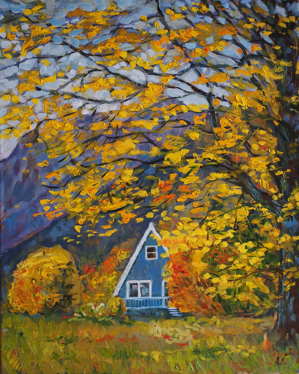 Impressionistic Landscape Oil Painting By Alfia Koral, 16 X 20, Cottage In The Mountains, Original Artwork