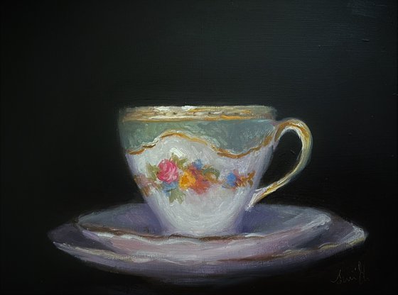 Original oil painting vintage cup & plate trio, still life.