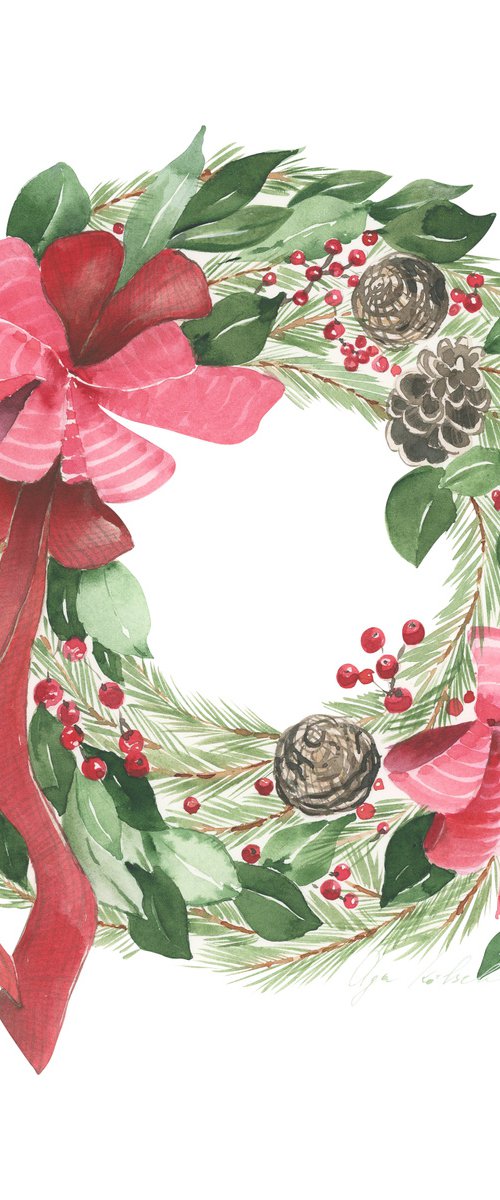 Christmas wreath with red ribbon by Olga Koelsch